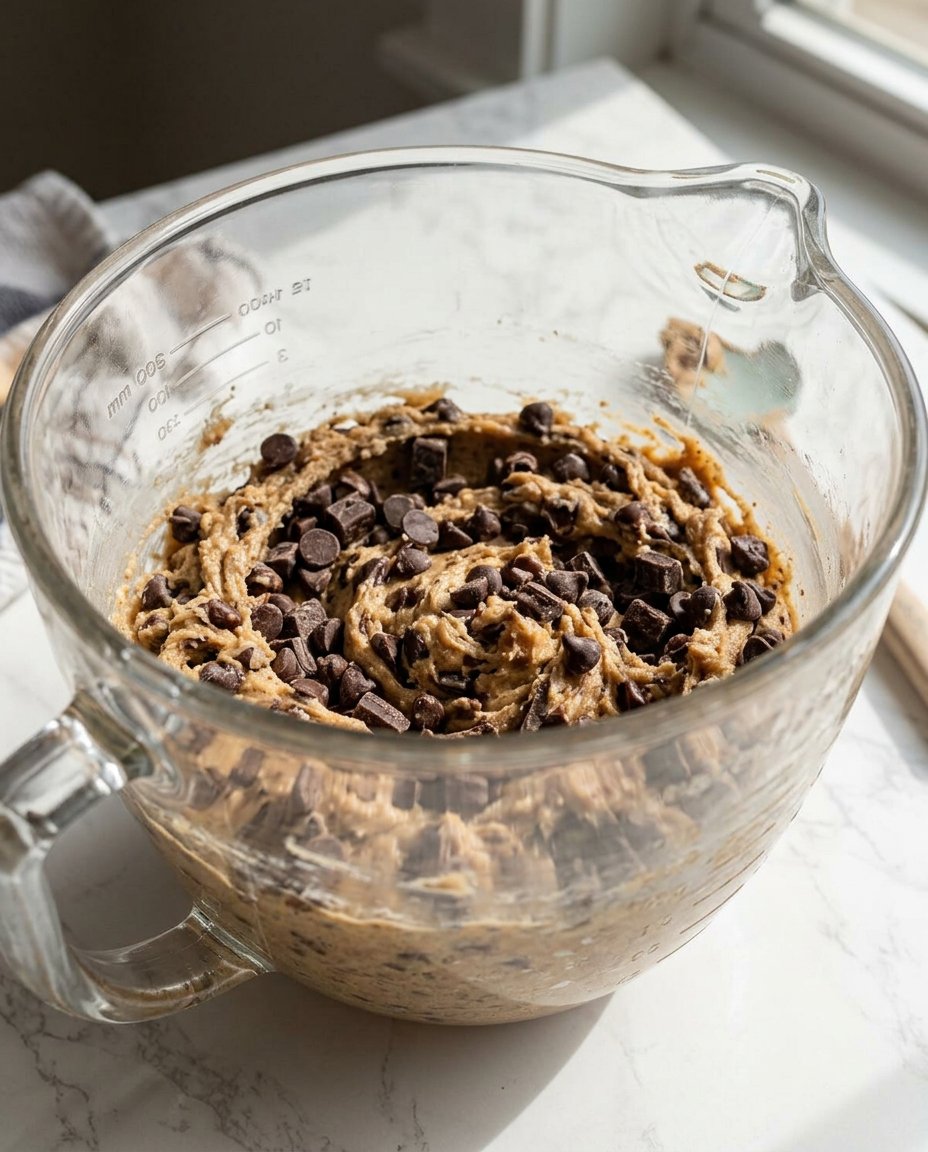 A bowl of cookie dough with large chocolate chunks folded in