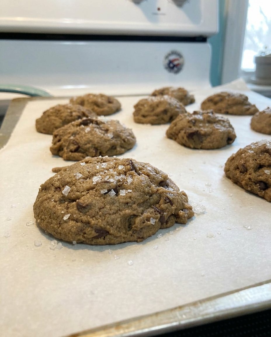 Stacked espresso chocolate chip cookies with a glass of milk