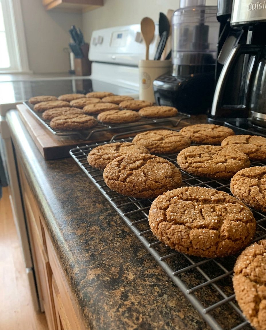 Two large ginger cookies leaning against a glass of cold milk