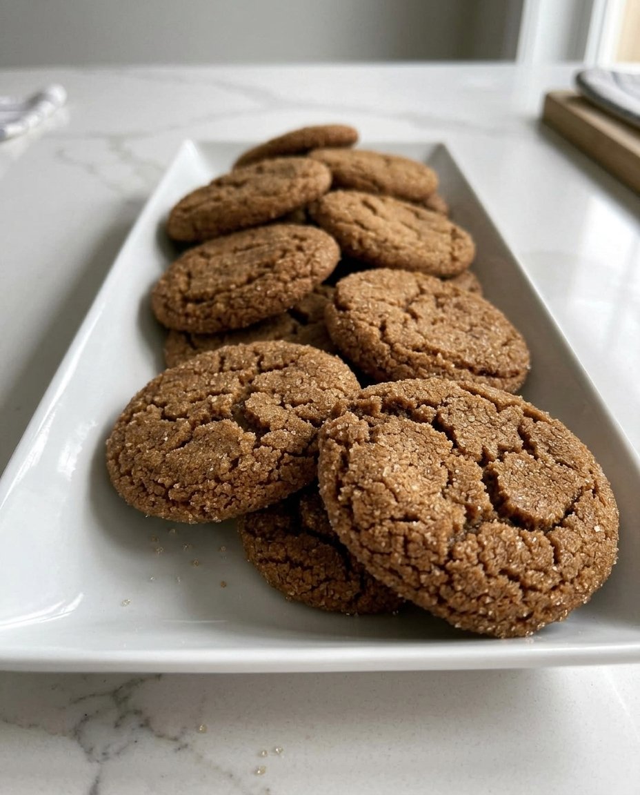 A stack of ginger cookies next to a steaming cup of tea