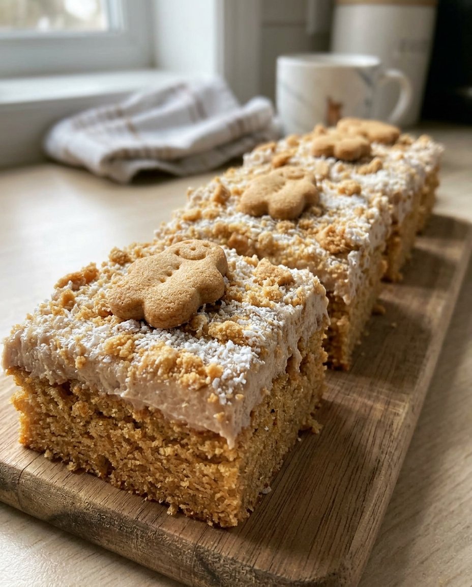 Gingerbread cake served with a dusting of powdered sugar on a festive plate