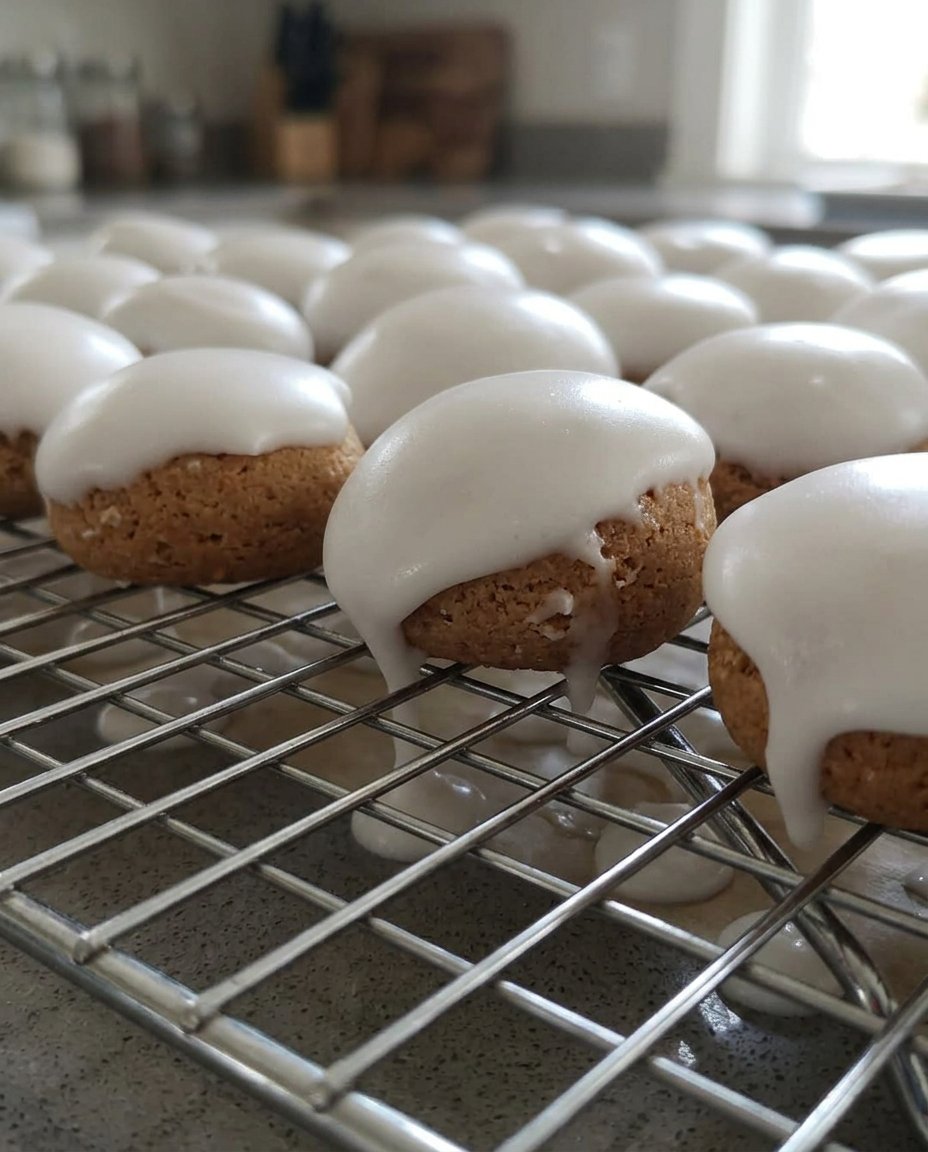 A stack of glazed pfeffernusse cookies on a festive holiday plate