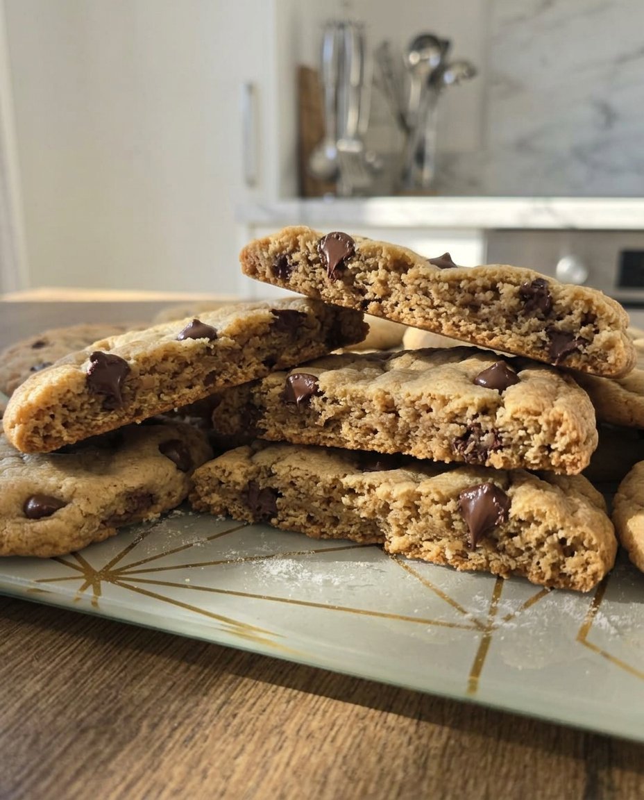 A stack of soft gluten free chocolate chip cookies on a vintage plate.