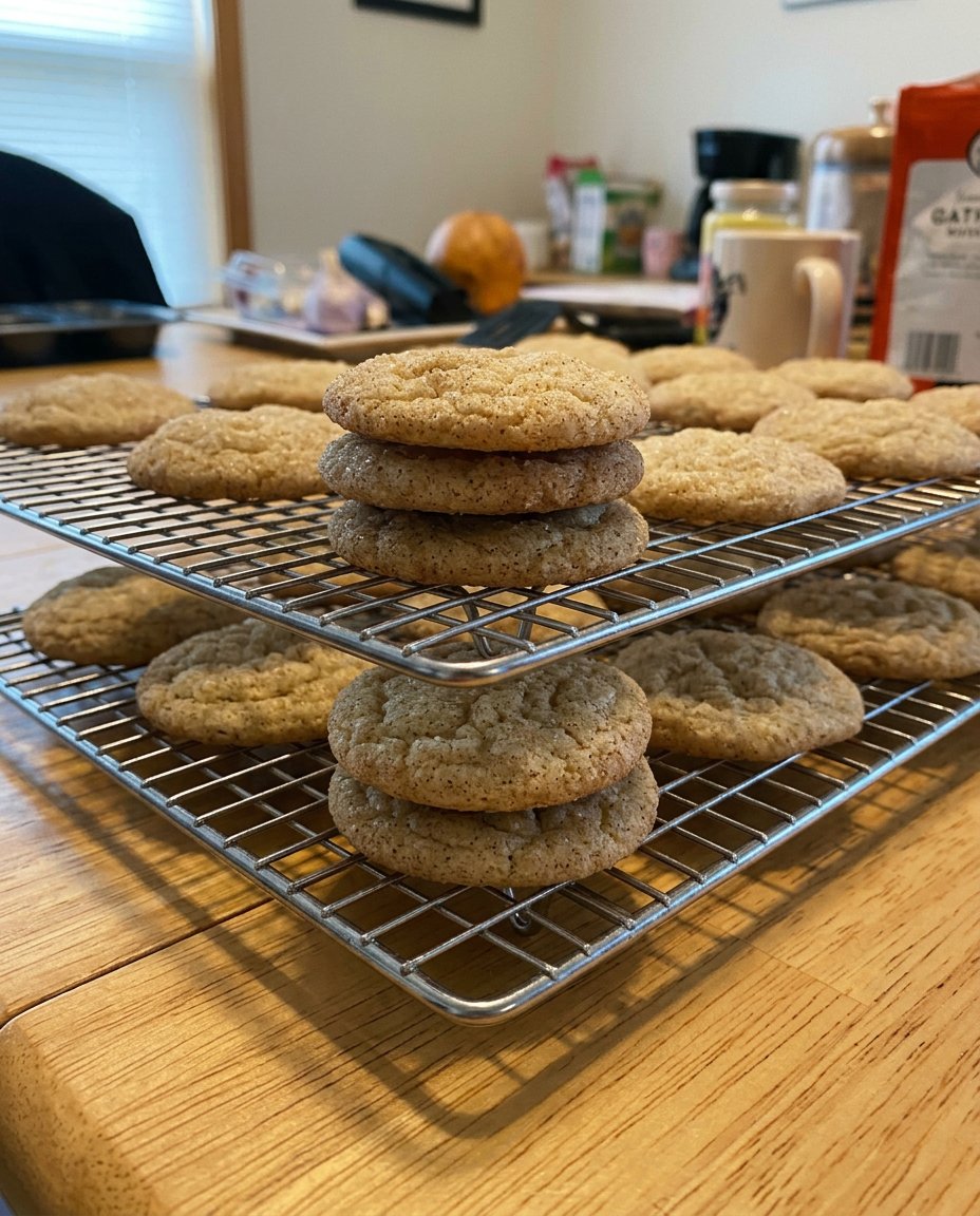 Soft gluten free snickerdoodles cooling on a wire rack with cinnamon sugar coating