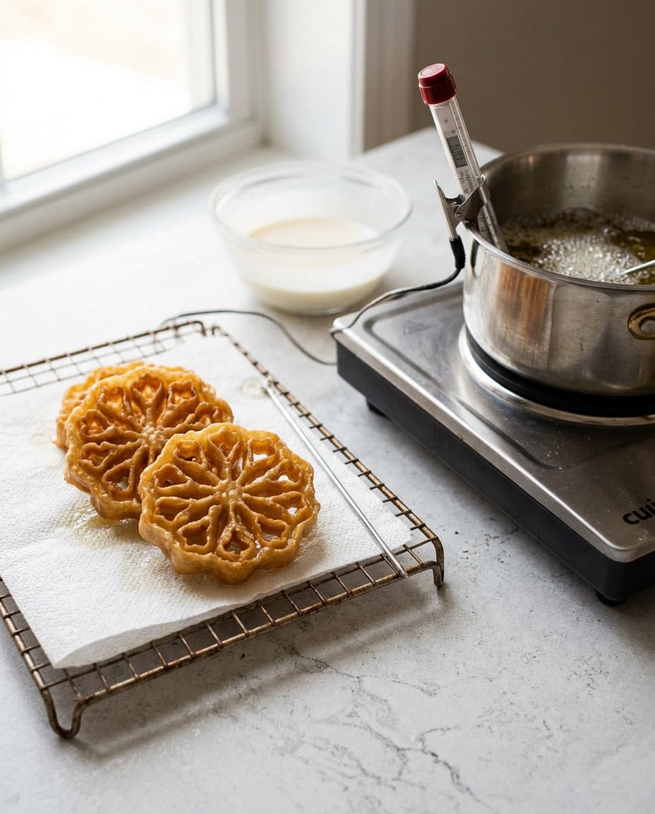 A metal rosette iron being dipped into hot oil to fry a cookie.