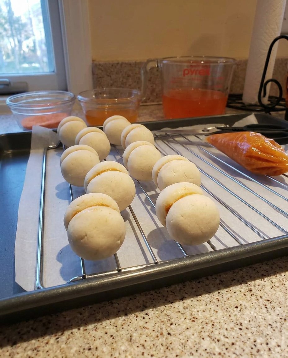 Baking sheet with perfectly round peach cookies being shaped with a cutter.