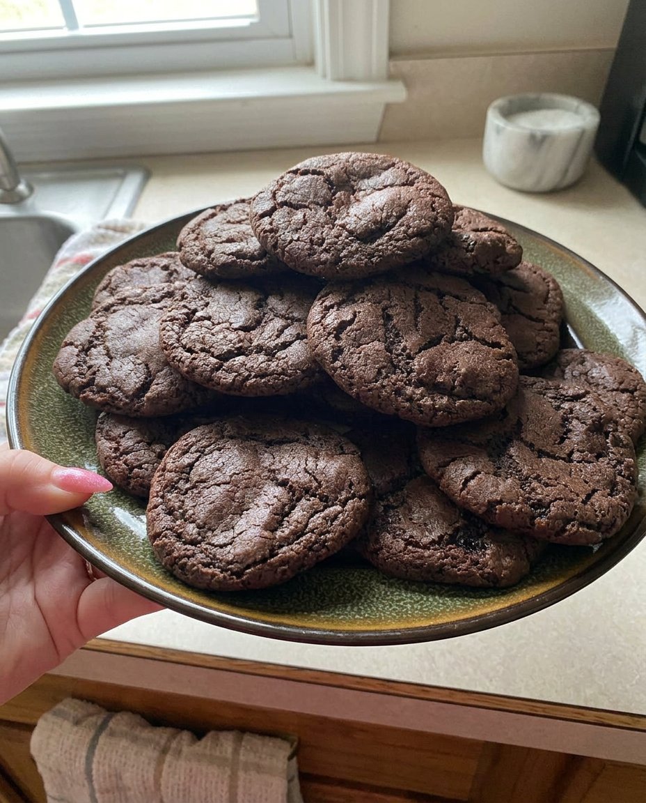 A stack of soft and chewy chocolate cookies with crinkly tops on a wire cooling rack