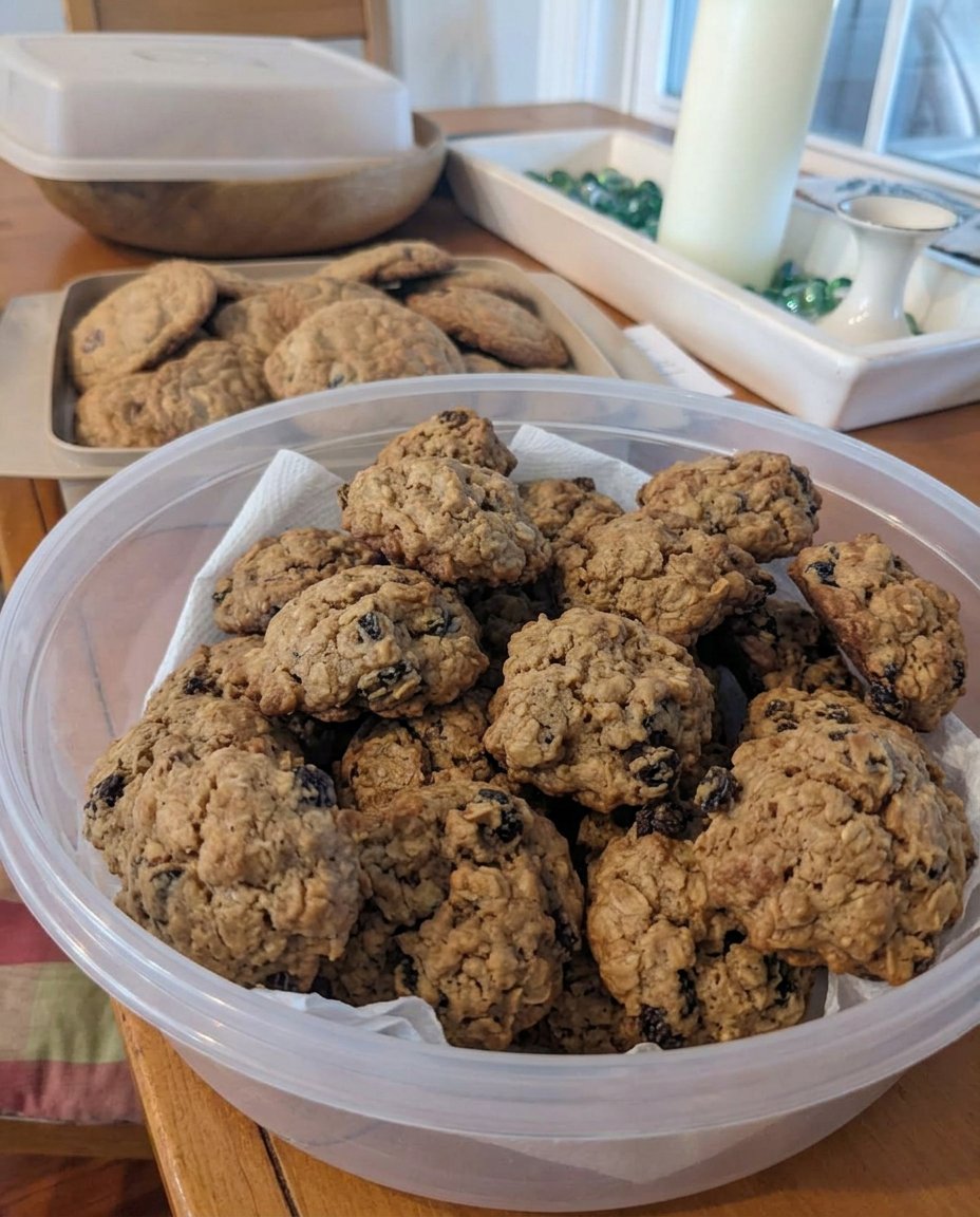 A close up of a soft rum raisin cookie showing the spiced dough texture and raisin filling.