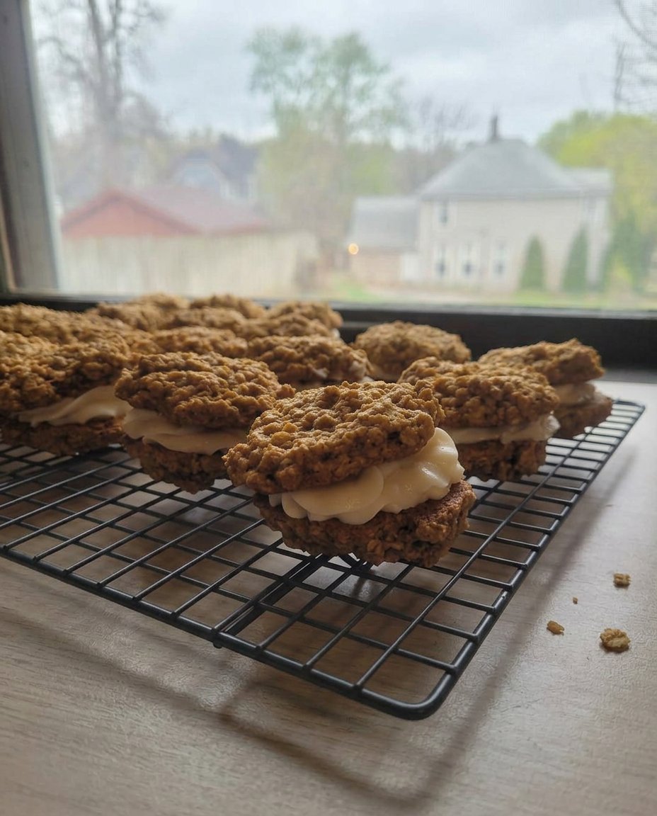Two soft oatmeal cookies sandwiched with white cream filling on a cooling rack