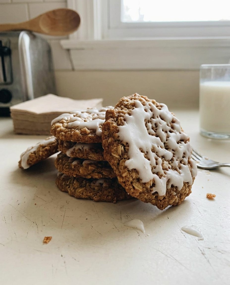 A stack of iced oatmeal cookies with white vanilla glaze on a wire rack