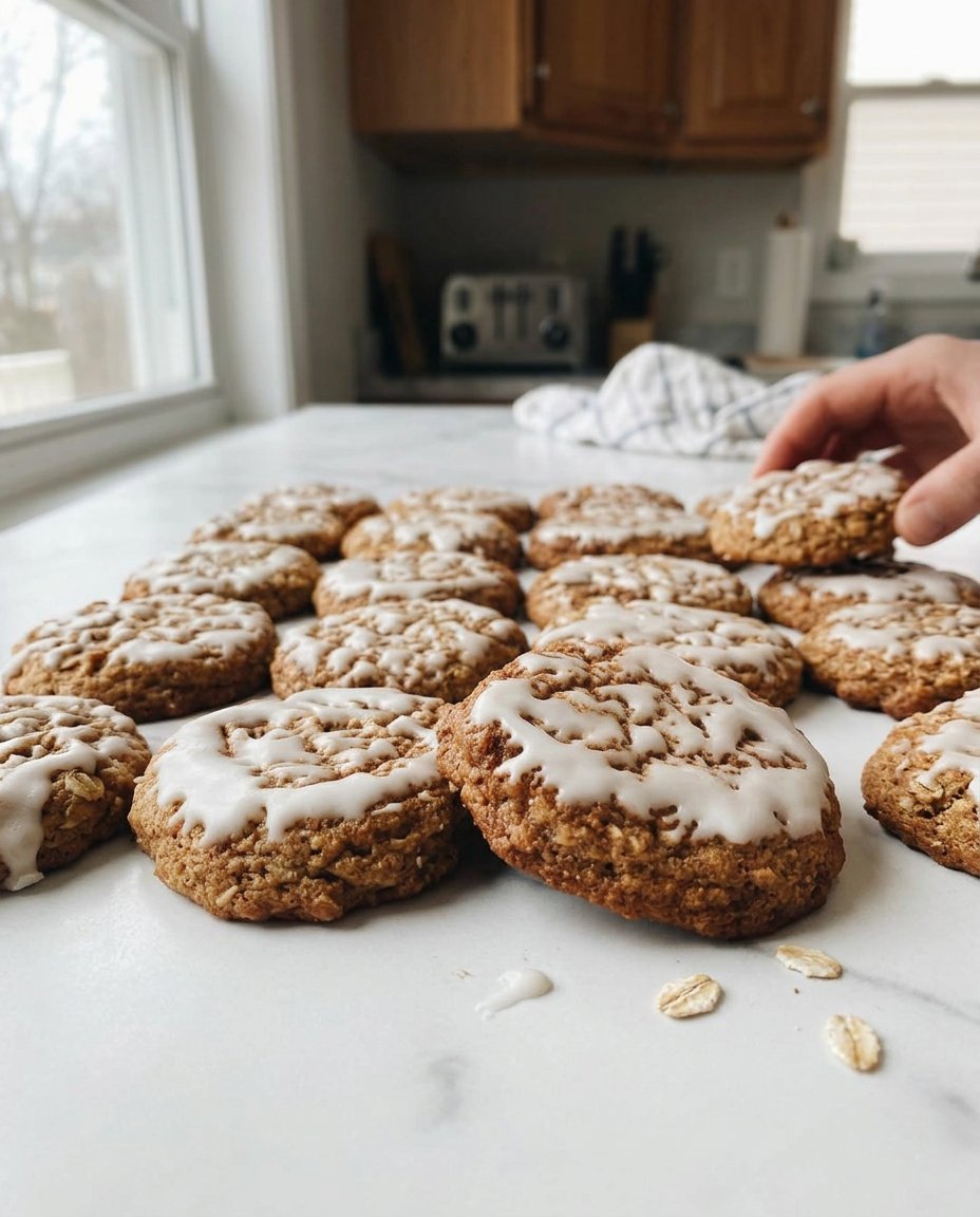 Iced oatmeal cookies served on a white plate with a glass of milk
