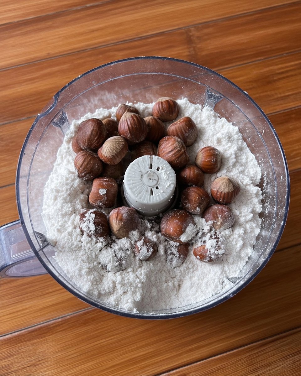 Bowls of cocoa powder, flour, butter, and hazelnut spread on a wooden counter