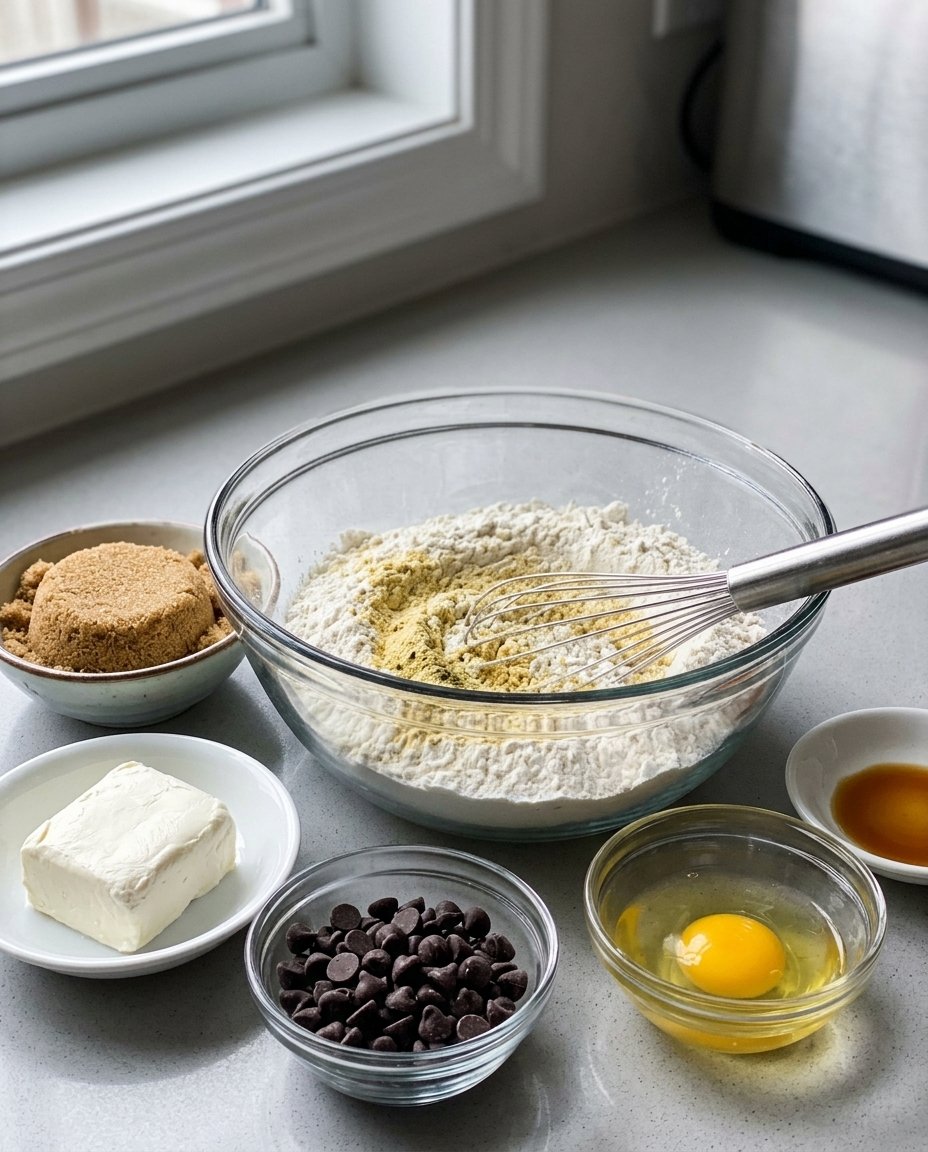 Bowls of flour semolina chickpea flour and coconut oil for naan khatai 2