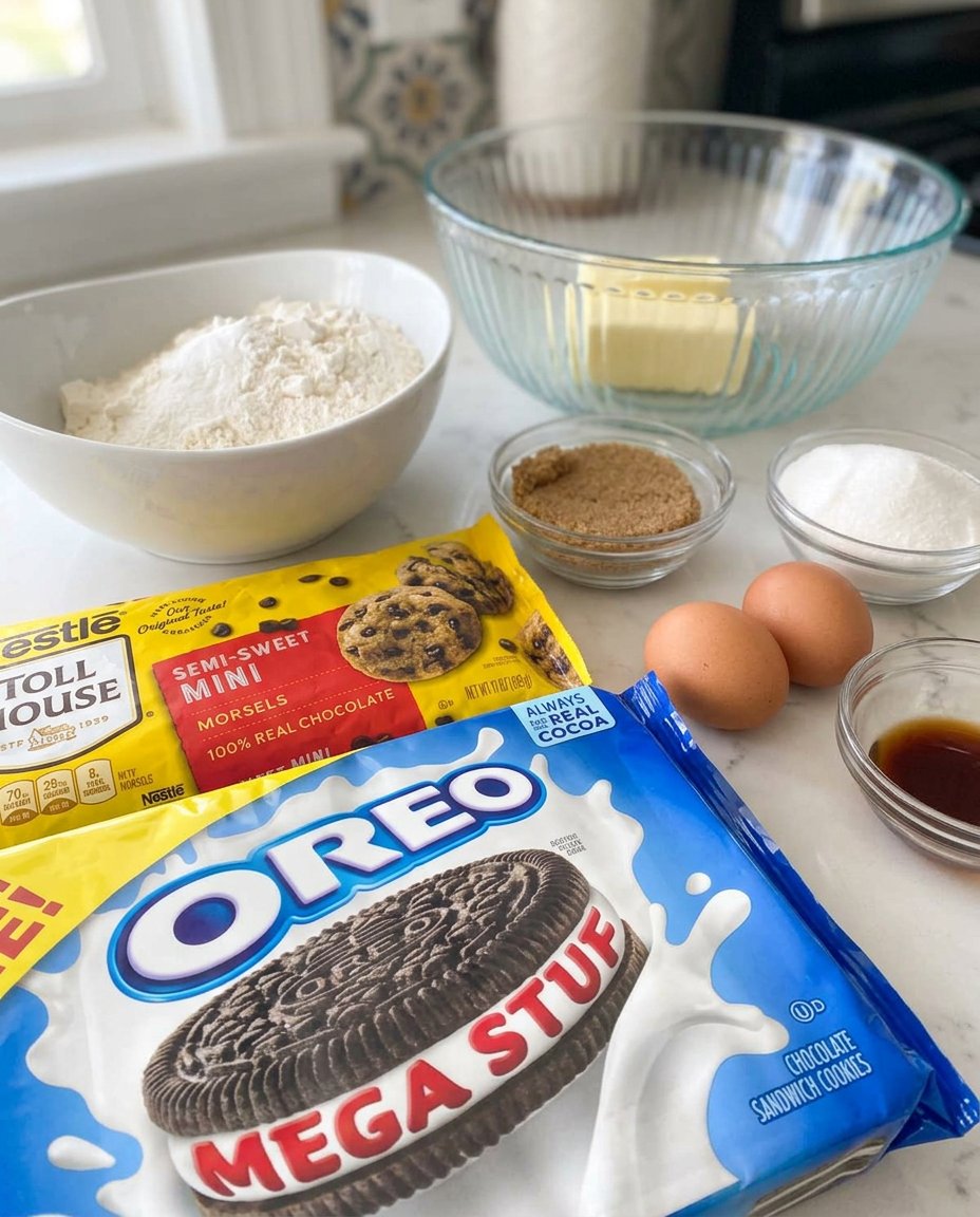 Raw ingredients for chocolate chip cookie dough and a bag of Oreos