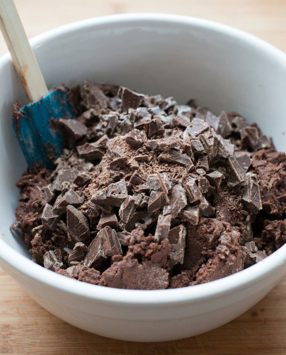 Ingredients for thin chocolate chip cookies including melted butter brown sugar and chocolate chunks