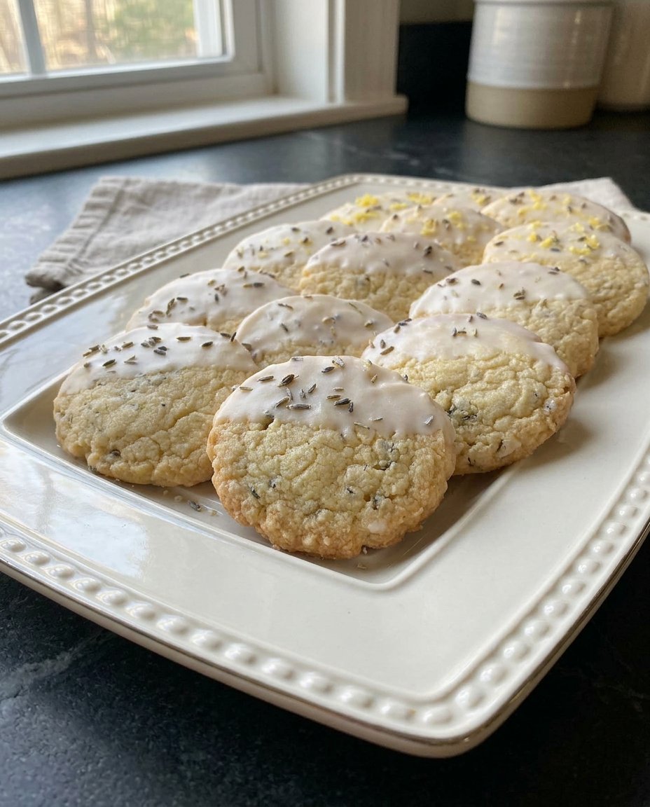 A stack of rectangular lavender shortbread cookies with visible bits of purple lavender on a white plate.