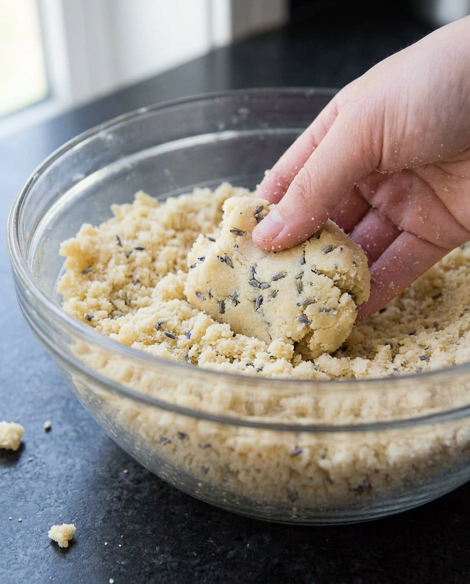 The pale lavender shortbread dough being rolled out to a precise half-inch thickness.