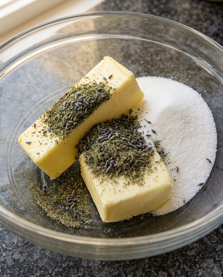 Ingredients for lavender shortbread including a bowl of flour, a block of butter, and a small dish of dried lavender.