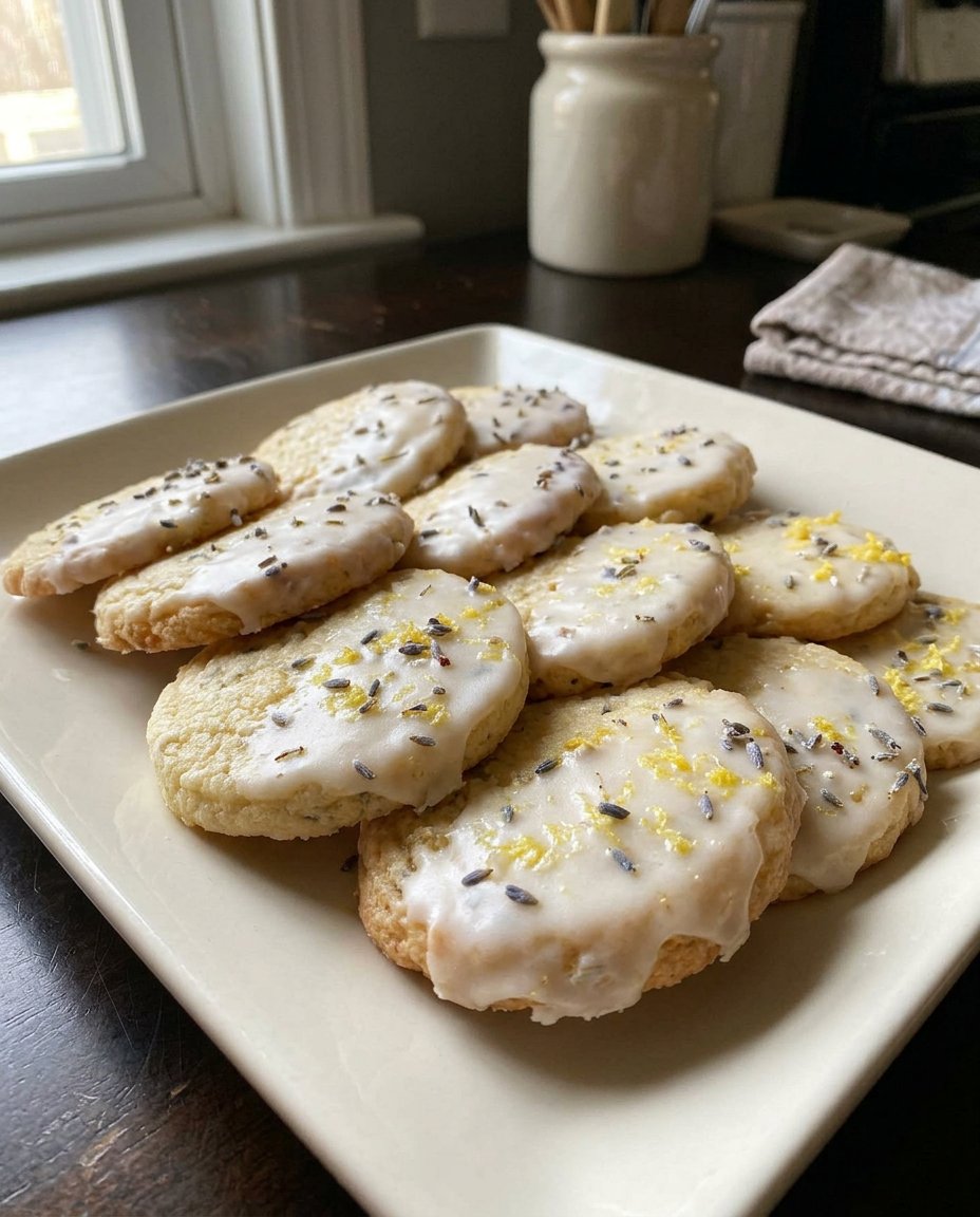 Two lavender shortbread cookies resting on a saucer next to a steaming cup of Earl Grey tea.