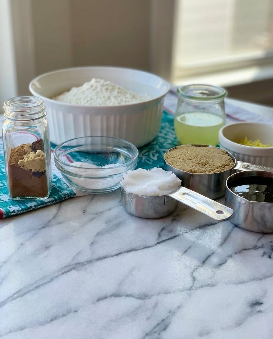 Measured bowls of ginger molasses lemon zest and flour