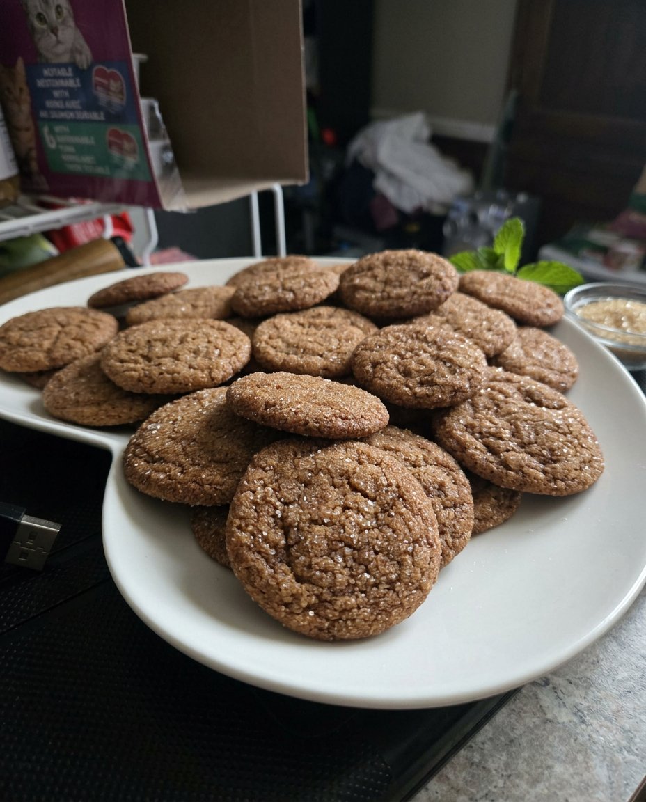 Lemon ginger snaps served on a white plate next to a cup of tea