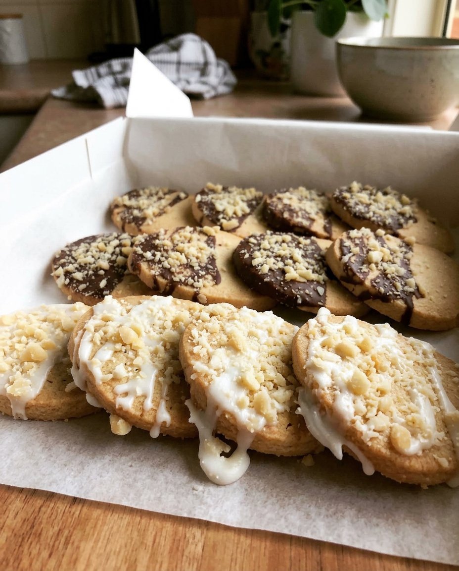 Keto macadamia shortbread cookies dipped in dark chocolate and sprinkled with nuts