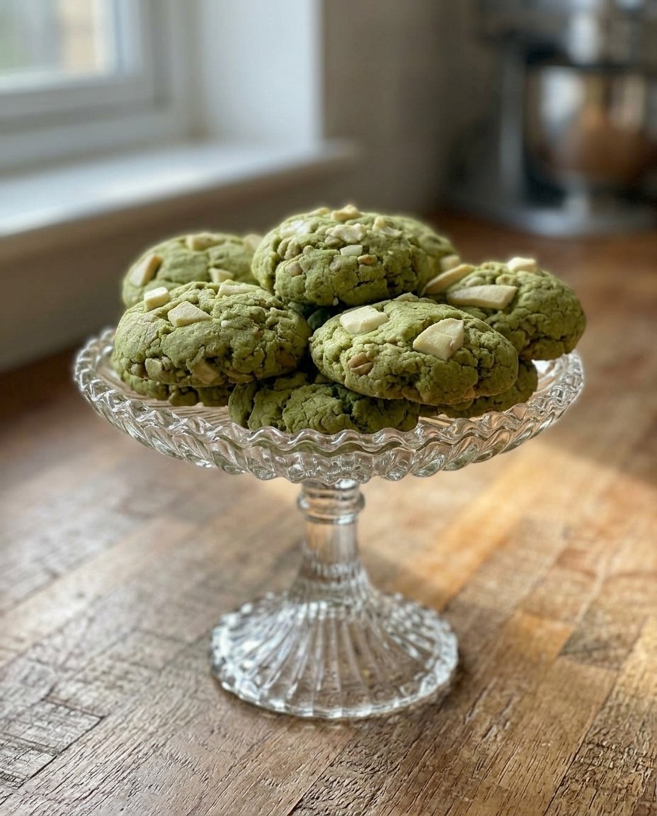 Homemade green matcha chocolate chips on a white background