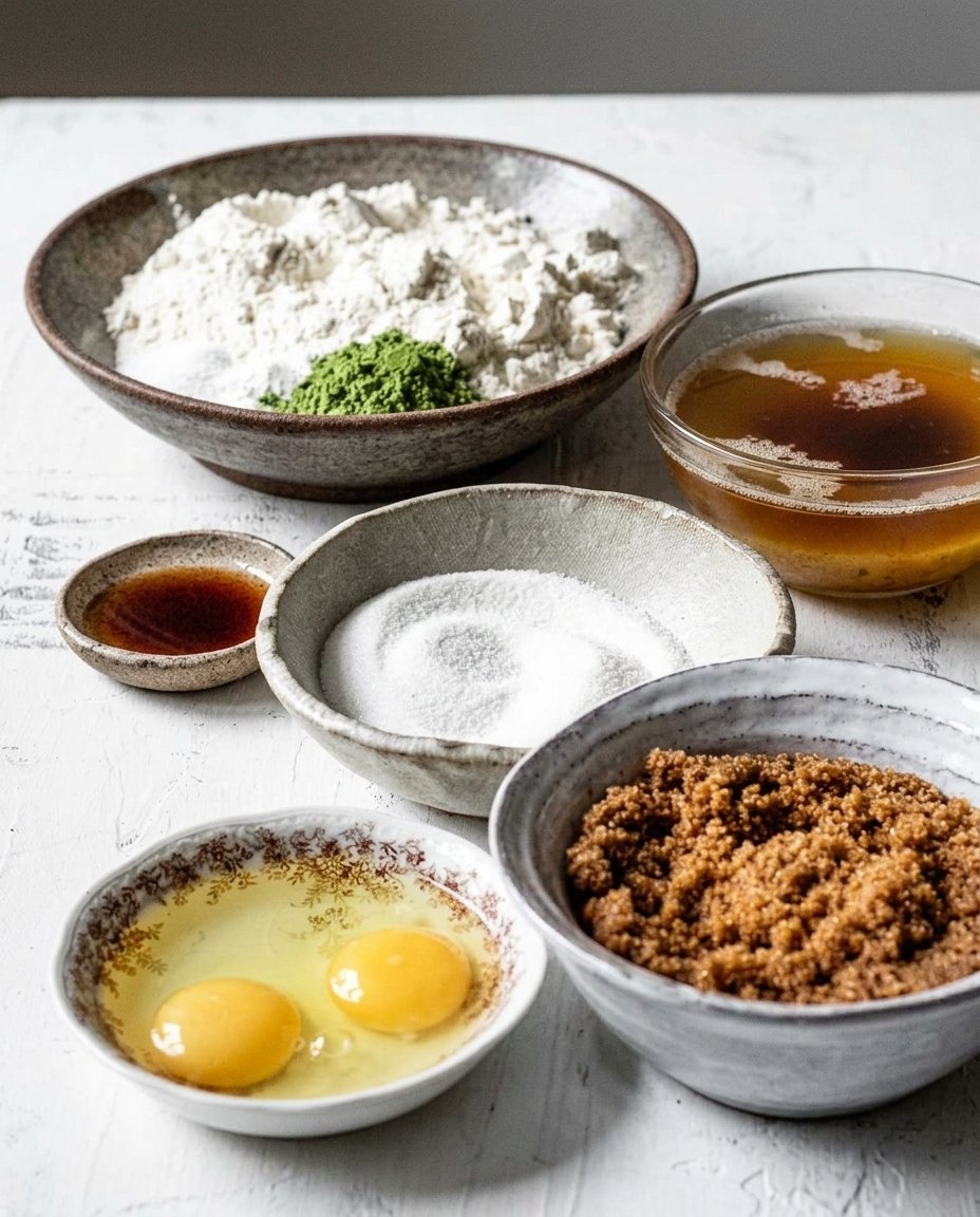 White chocolate chips, matcha powder, and coconut oil on a workspace