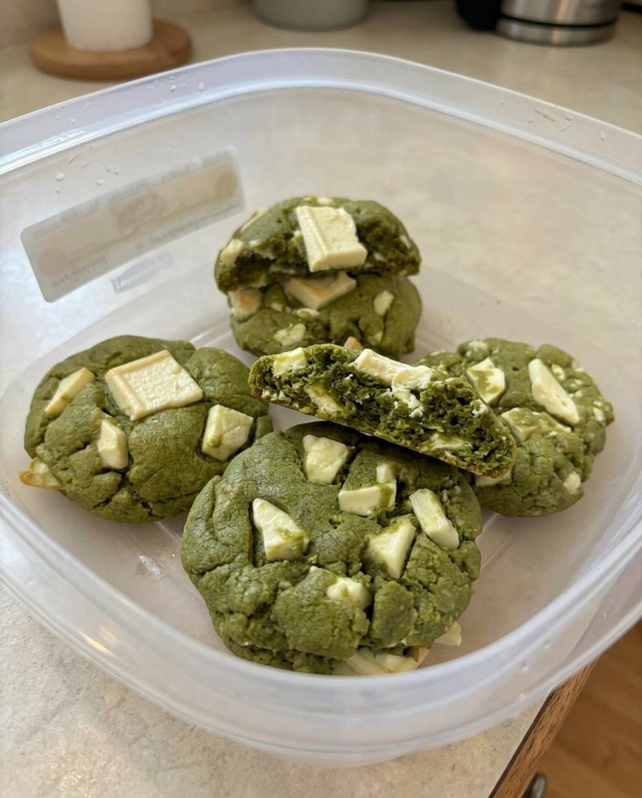 Vibrant green matcha white chocolate cookies on a cooling rack