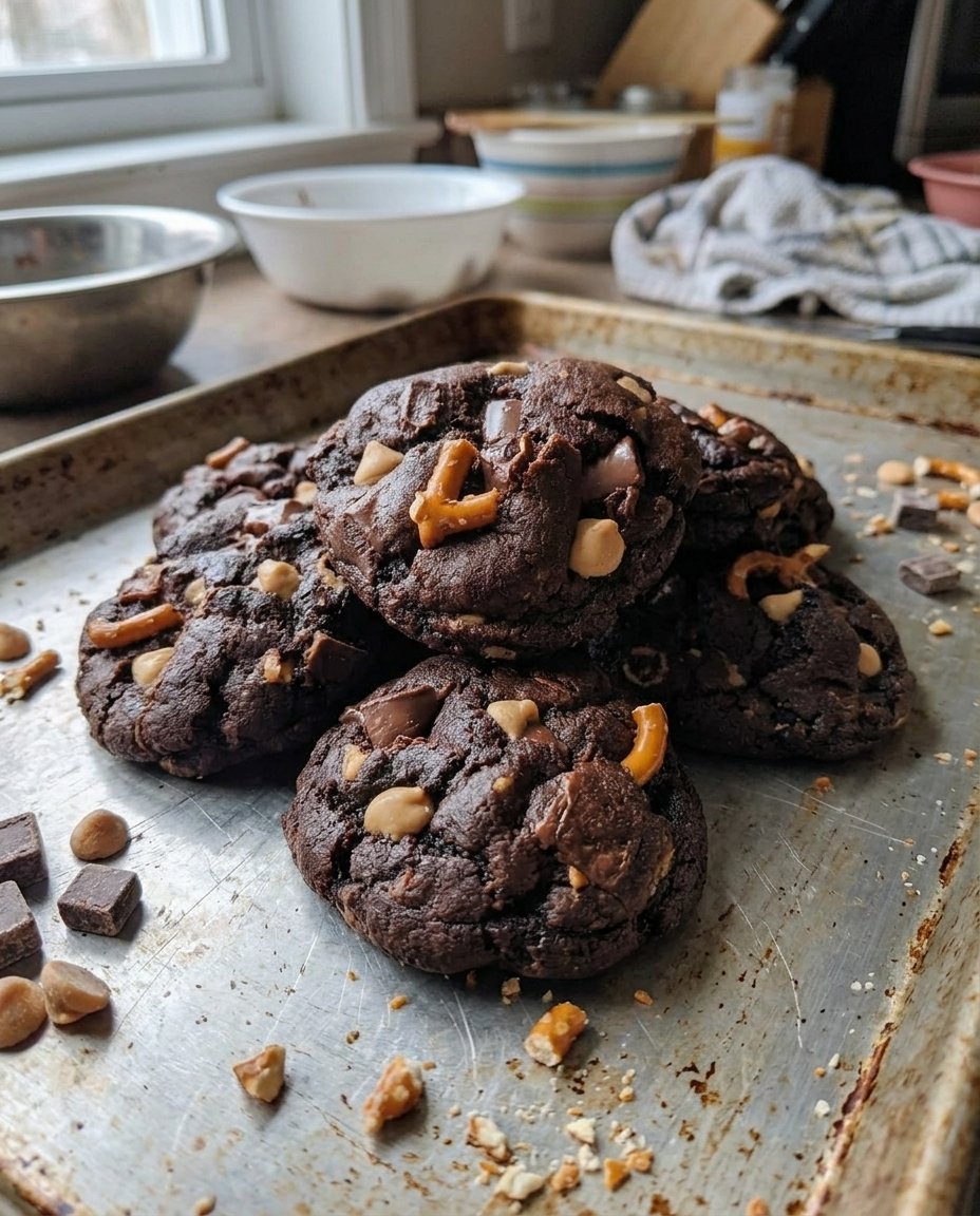 A stack of thick milk chocolate chip cookies with visible chocolate chunks and sea salt.