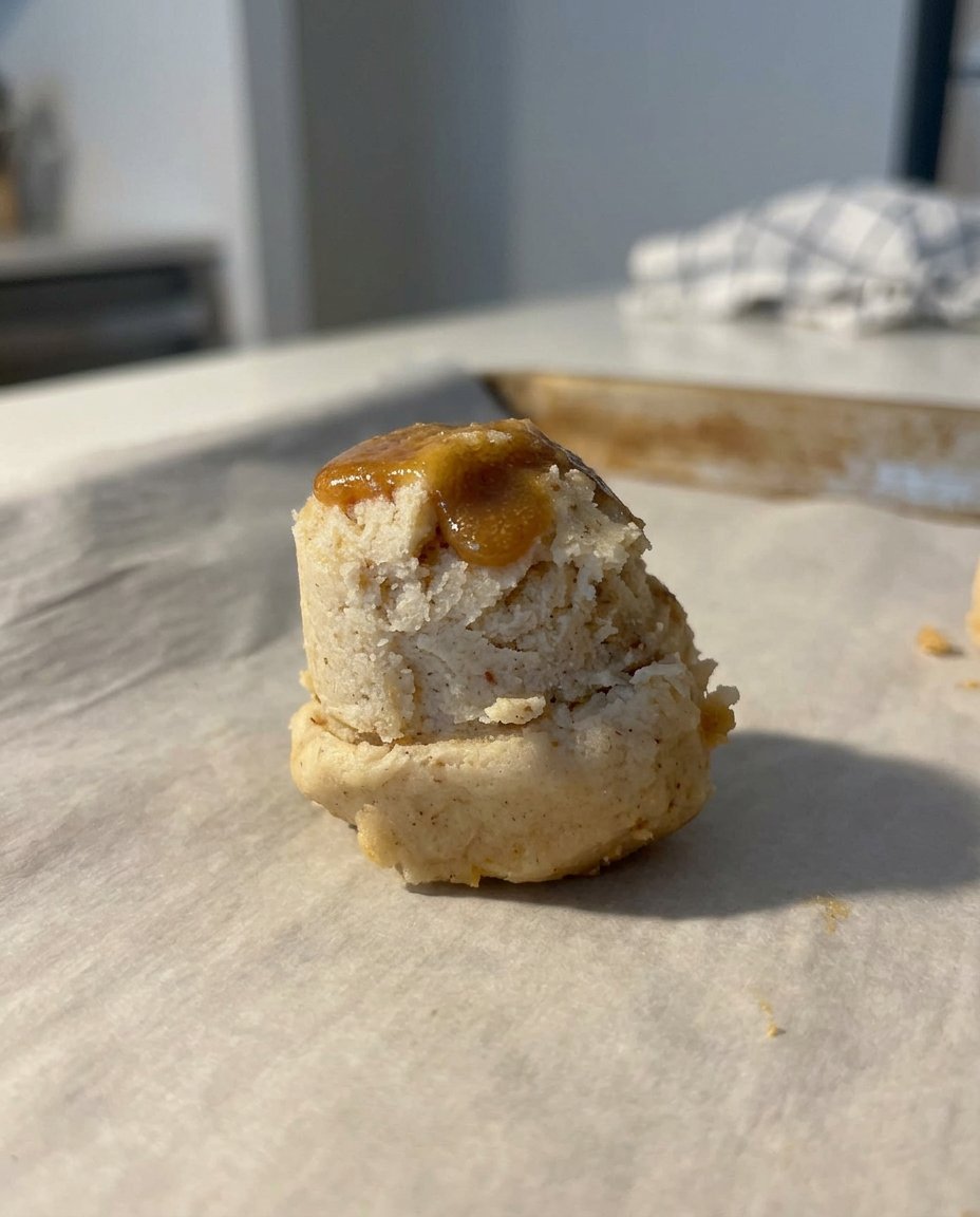 Cookie dough being swirled with dark miso caramel using a knife