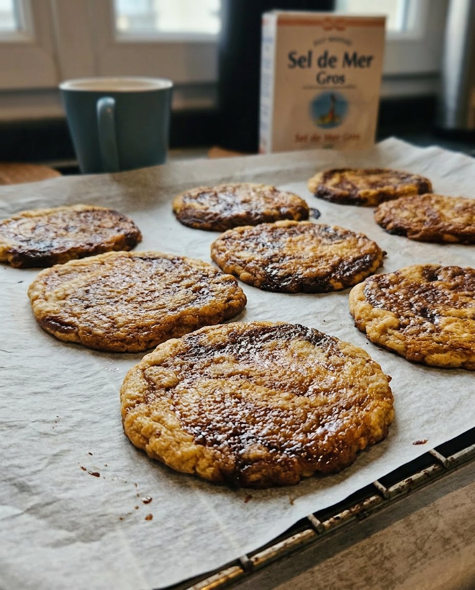 Miso caramel cookies served on a ceramic plate next to a cup of green tea