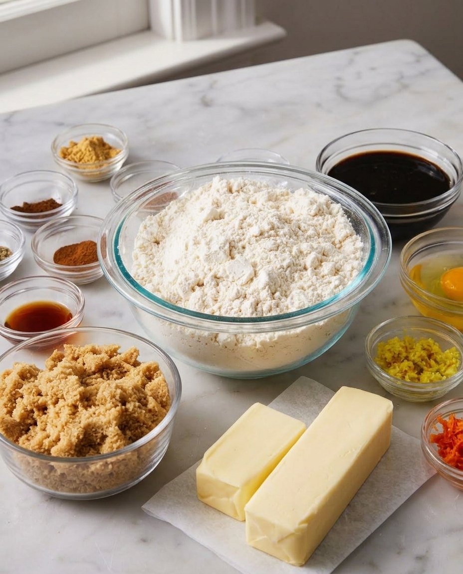 Bowl of flour and spices next to a jar of dark molasses