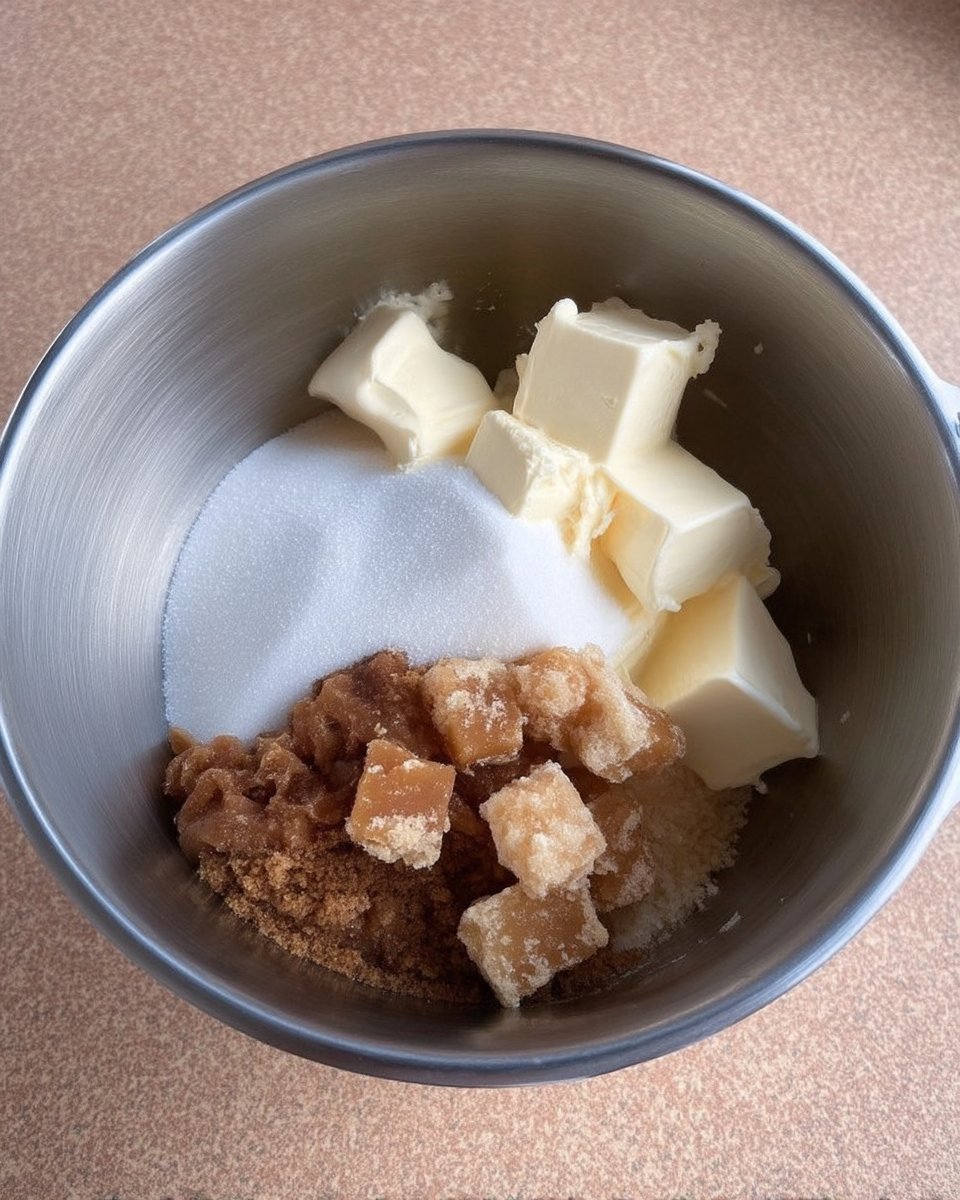 Ingredients for chocolate chip cookies including dark brown sugar and cold butter cubes