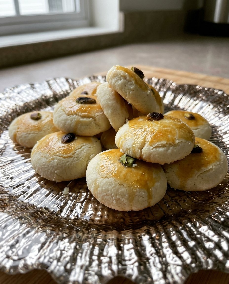 Homemade Naan Khatai 2 biscuits served on a plate with cardamom and spices