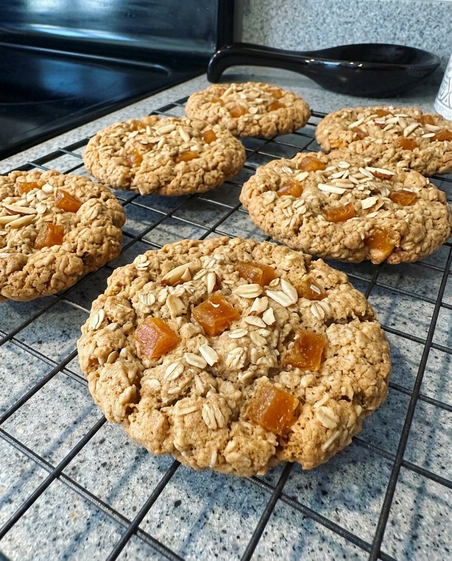 A stack of chewy oatmeal apricot cookies on a wooden cooling rack
