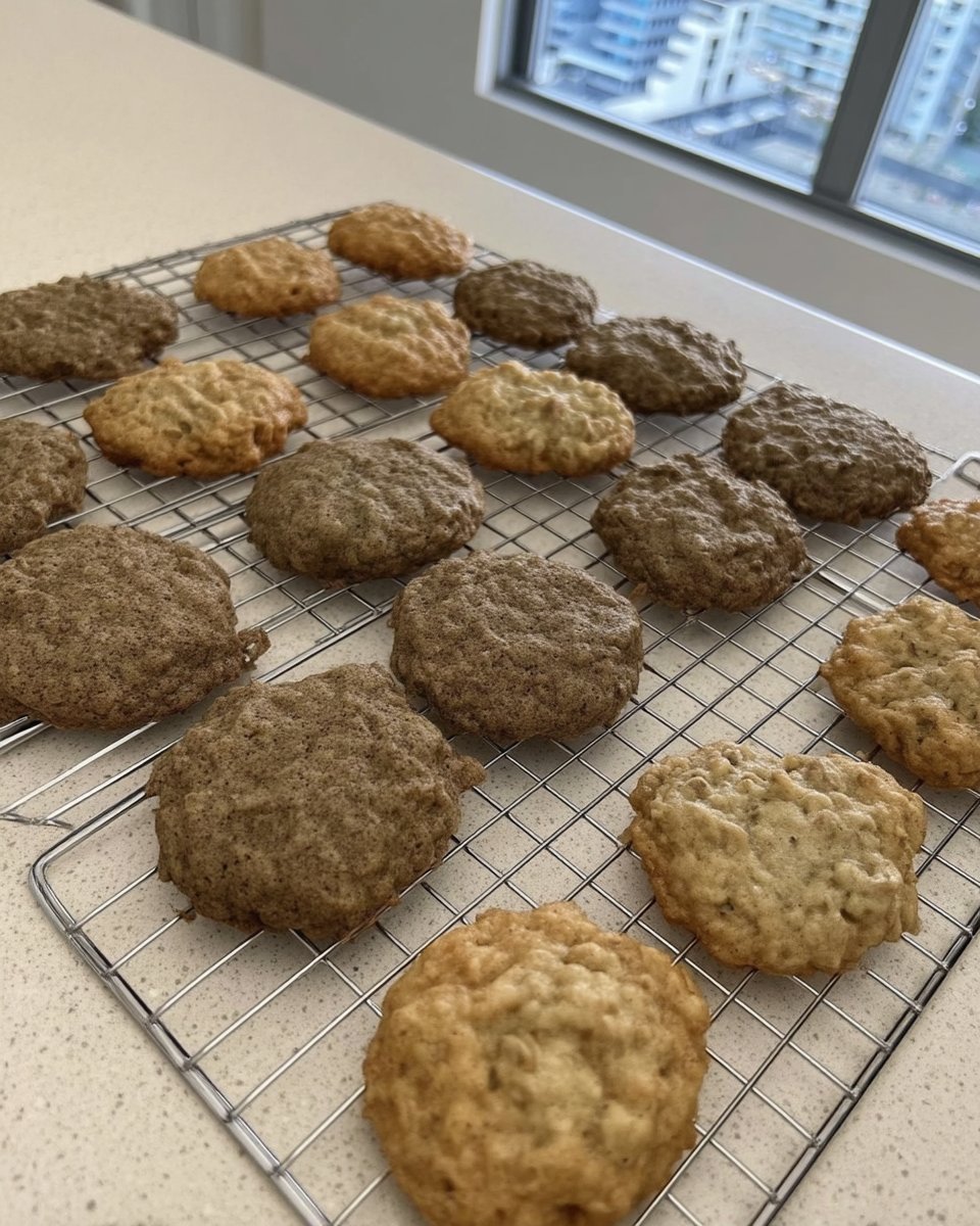 Three ingredient oatmeal banana cookies on a cooling rack showing a soft and chewy texture
