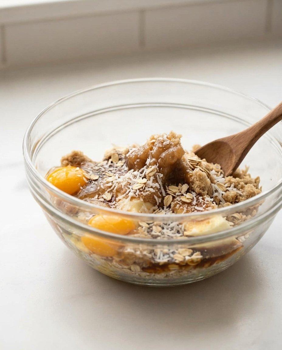 Bowls of oats shredded coconut and spices on a kitchen counter