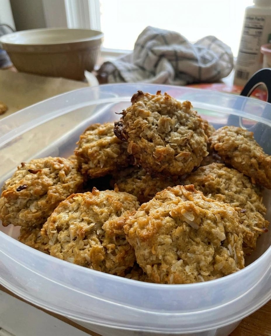 Oatmeal coconut cookies served with a cup of tea