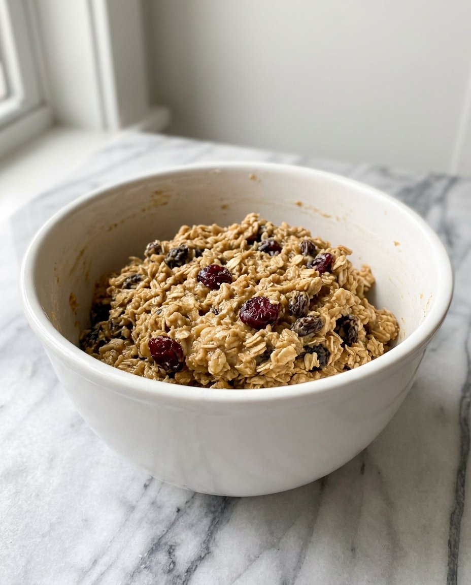 Ingredients for oatmeal raisin cranberry cookies including oats and dried fruit
