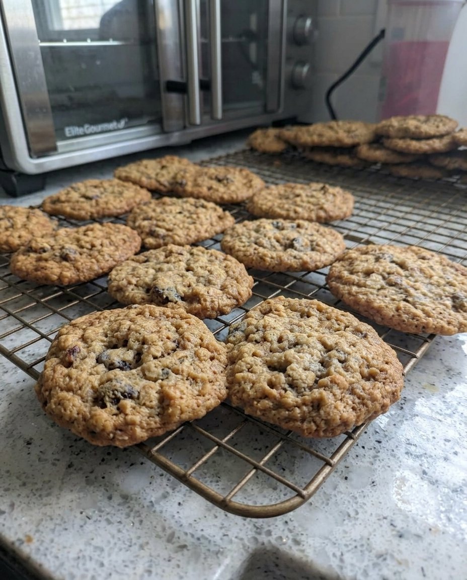 Oatmeal raisin cookies served with a cup of tea