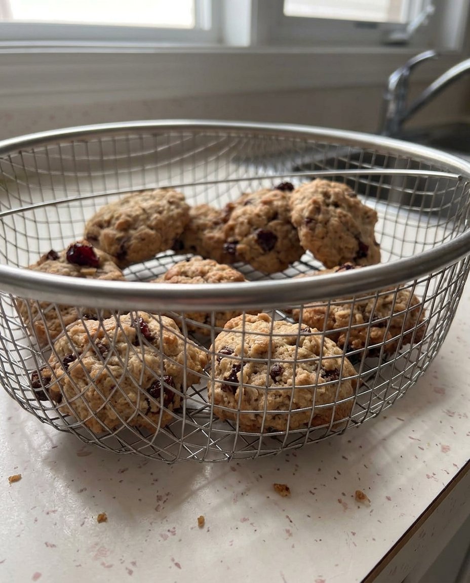 Oatmeal raisin cranberry cookies on a cooling rack showing texture
