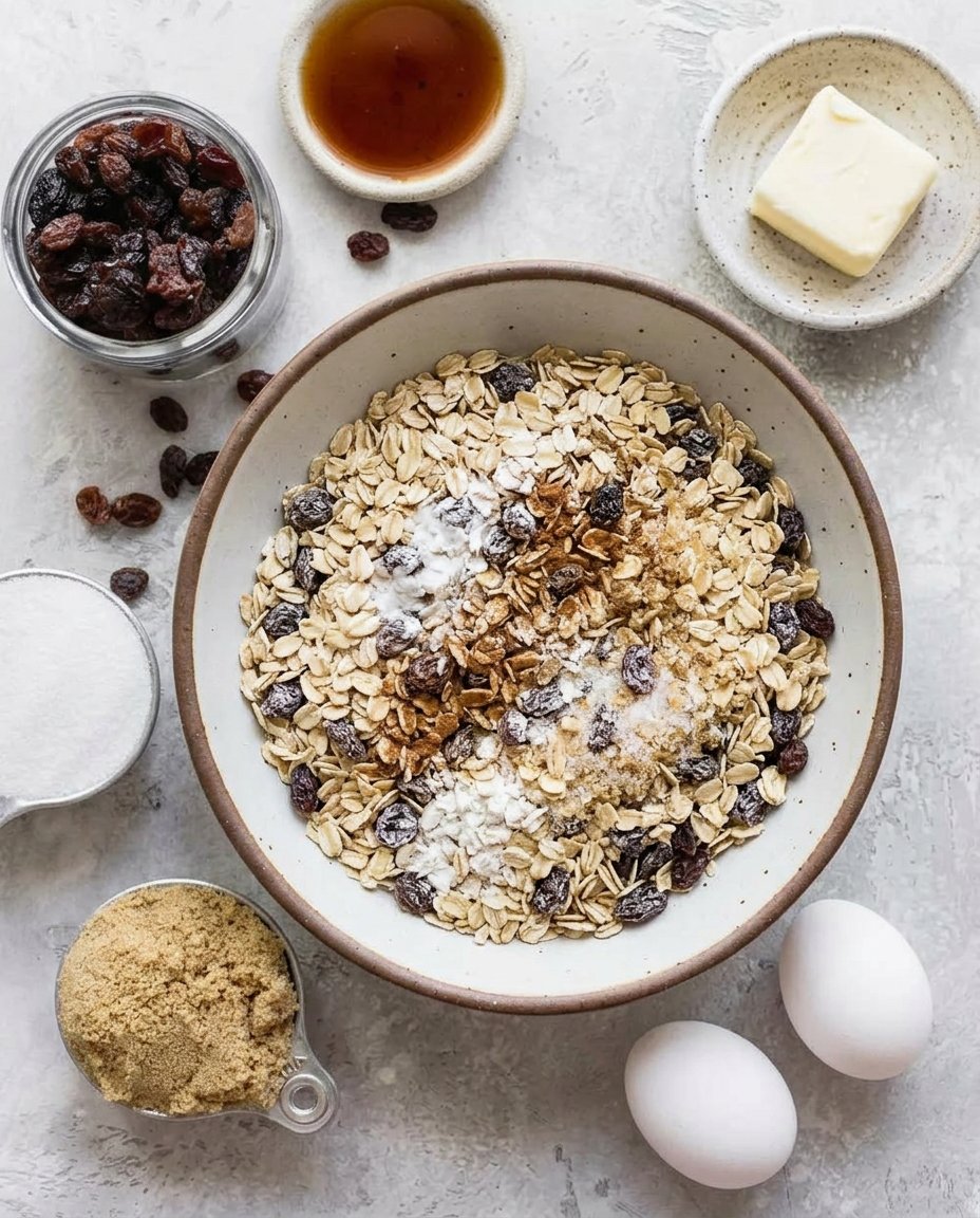 Bowls of rolled oats, brown sugar, cinnamon, and raisins on a kitchen counter.