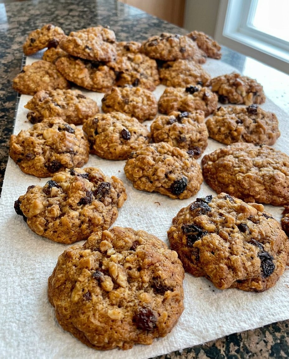 Overhead view of several chewy oatmeal raisin walnut cookies on parchment paper