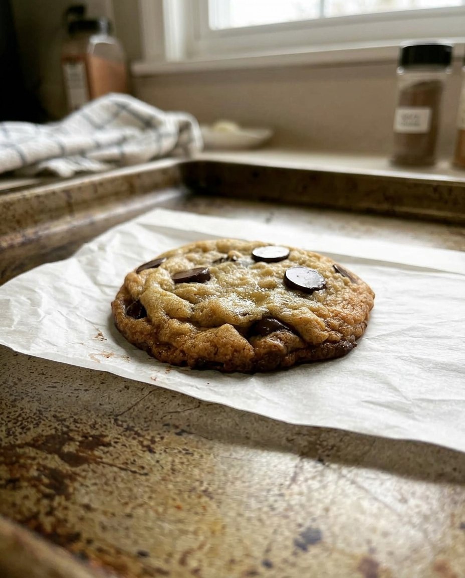 A tray of freshly baked old world chocolate chunk cookies with melted pools of chocolate