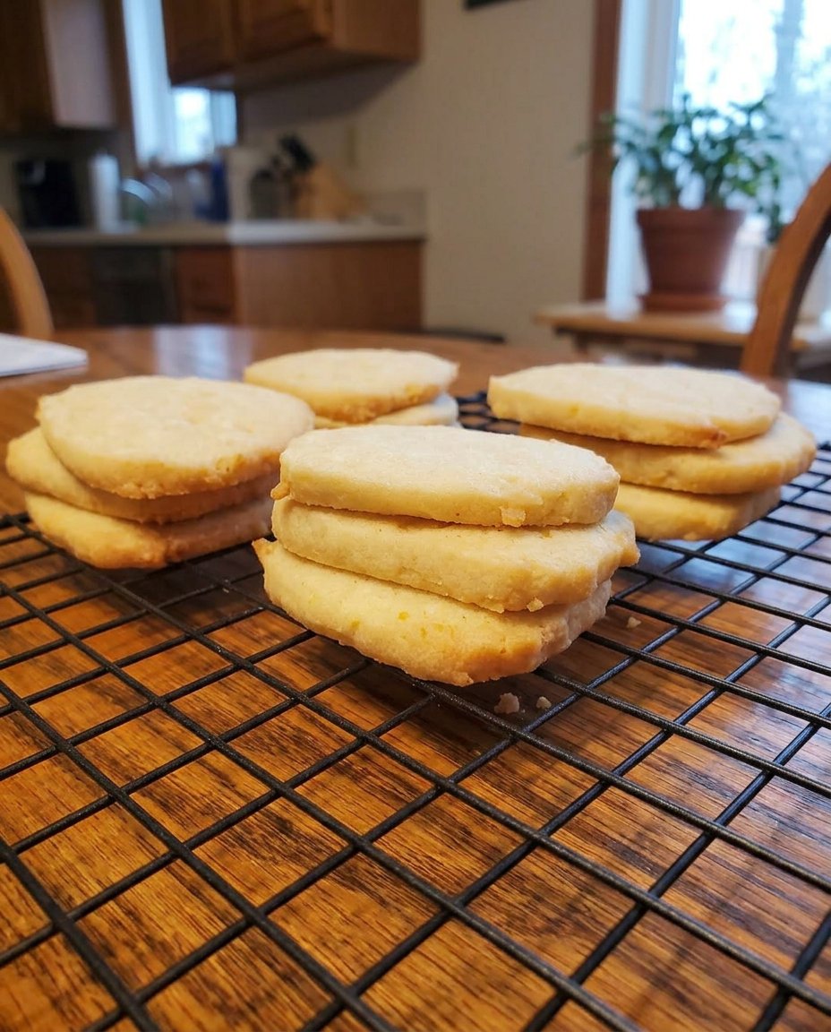 A stack of thin icebox cookies with slivered almonds and golden edges