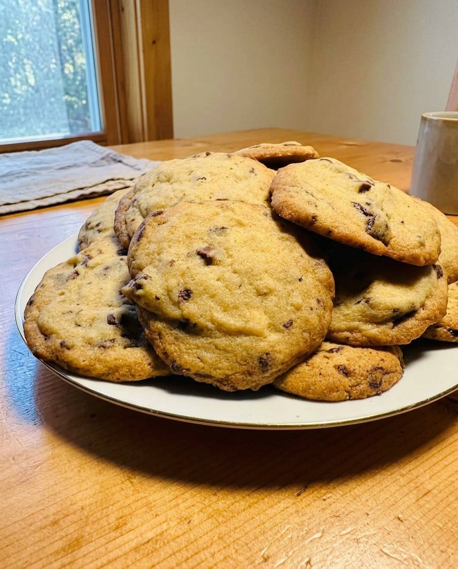 Close up of a one bowl chocolate chip cookie showing soft center and crisp edges
