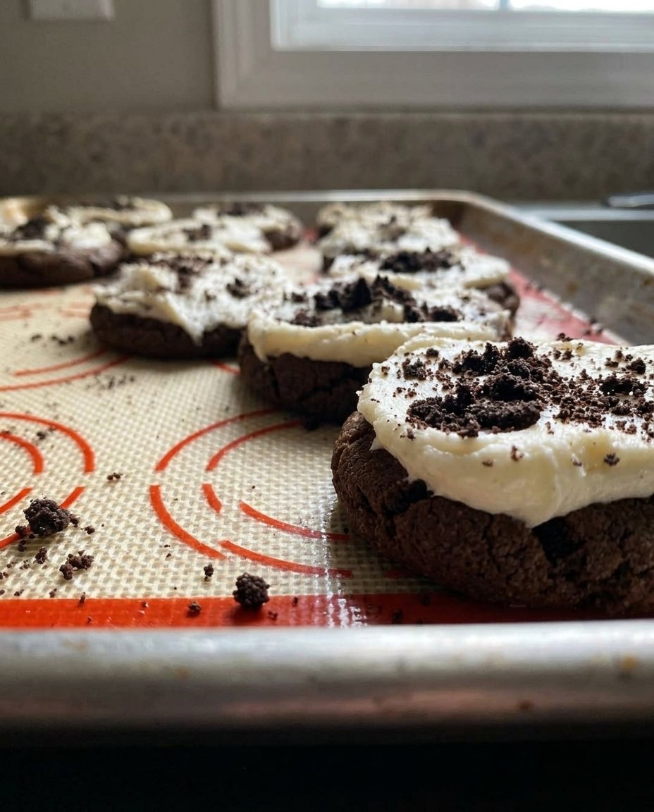 Homemade Oreo copycat cookies stacked inside a glass cookie jar