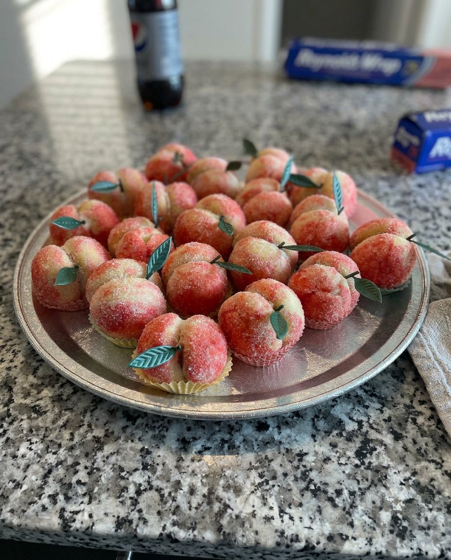 A decorative platter of peach cookies served with a cup of tea.