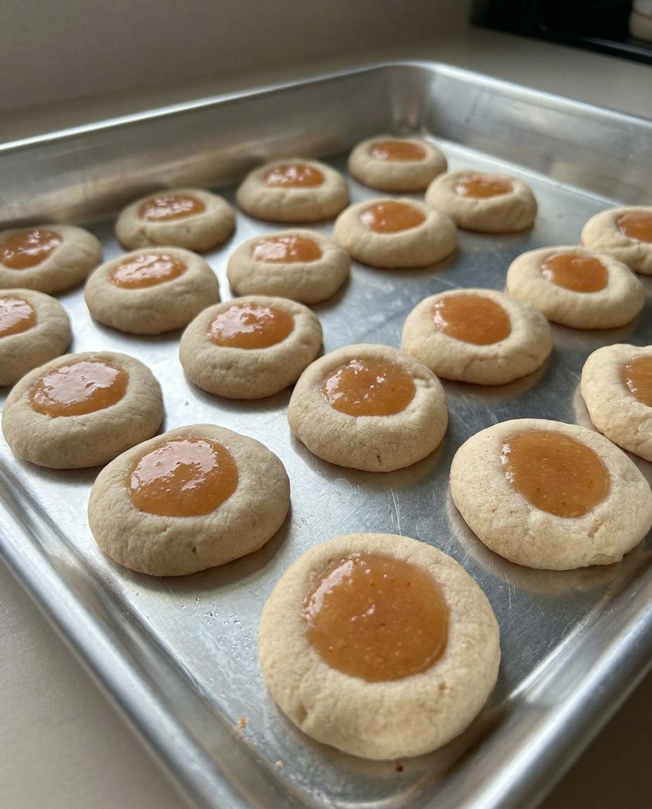 Ingredients for peach thumbprint cookies including flour and peach filling